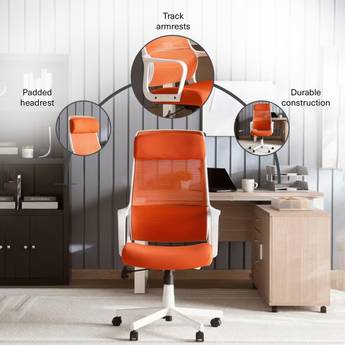 Orange office chair with labeled features in a home office setting