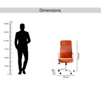 Measurement chart showing a person and an orange office chair with dimensions.