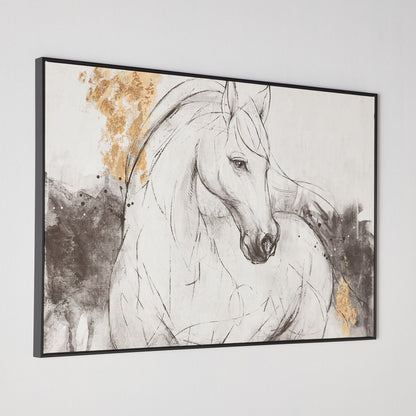 Framed artwork of a horse with abstract design on a white wall