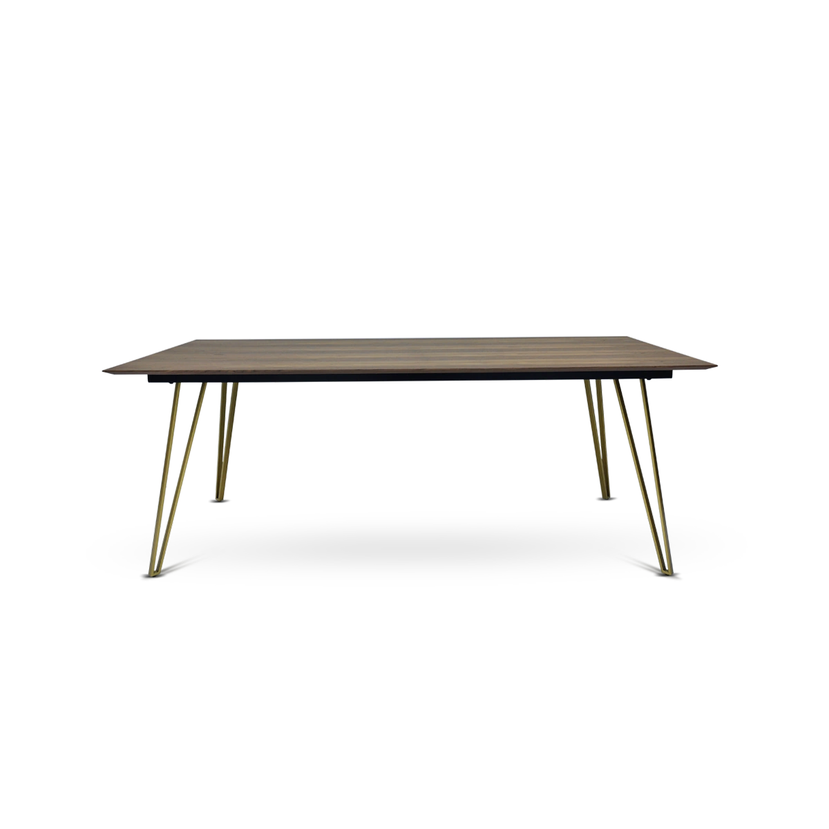 Rectangular table with wooden surface and brass legs on a white background
