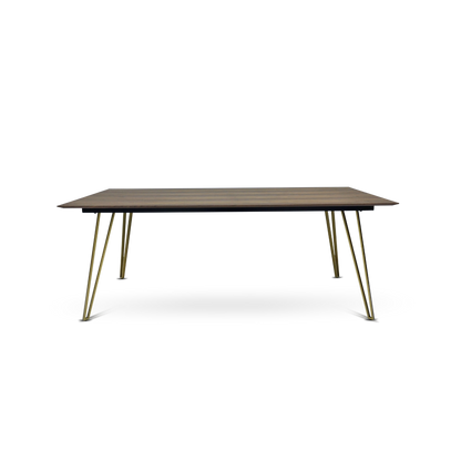 Rectangular table with wooden surface and brass legs on a white background