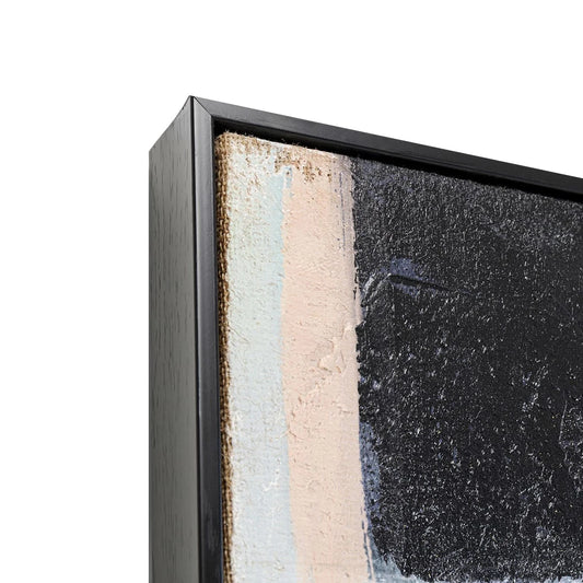 Close-up of a textured painting with a black frame on a white background