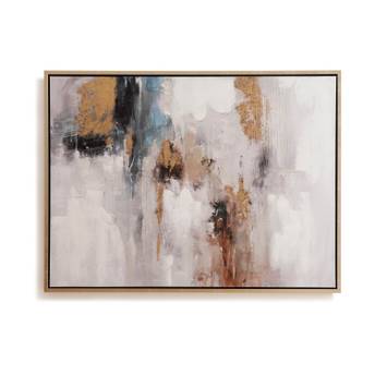 Abstract painting with brown, black, and white colors in a gold frame on a white background