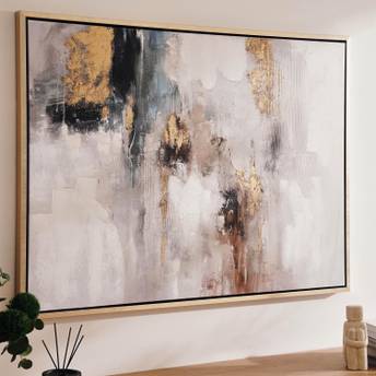Abstract painting with gold and black accents on a wall in a modern interior setting.