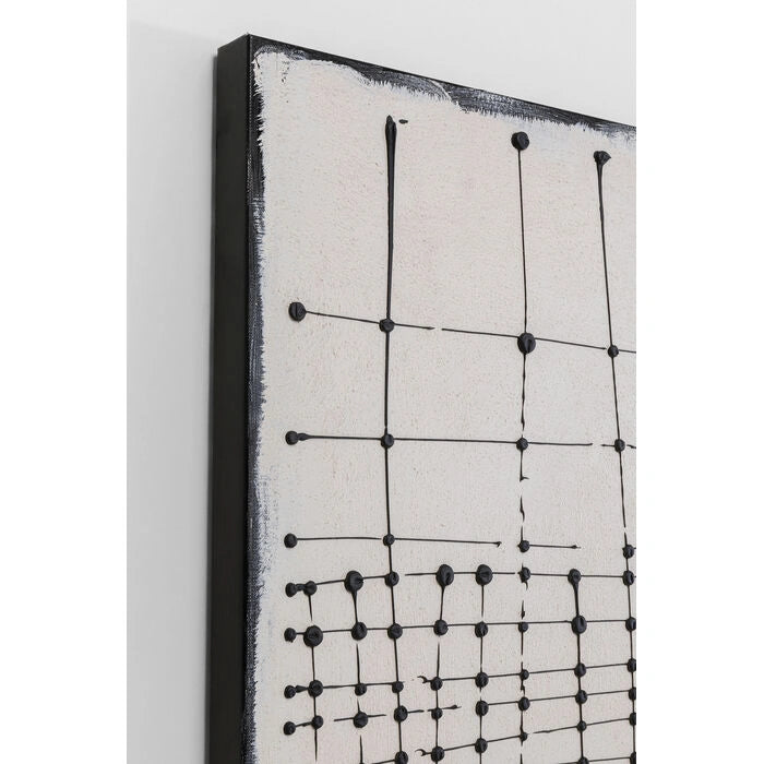Abstract art piece with black lines and dots on a white background