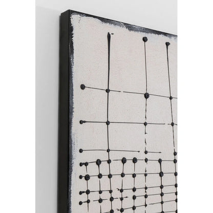 Abstract art piece with black lines and dots on a white background