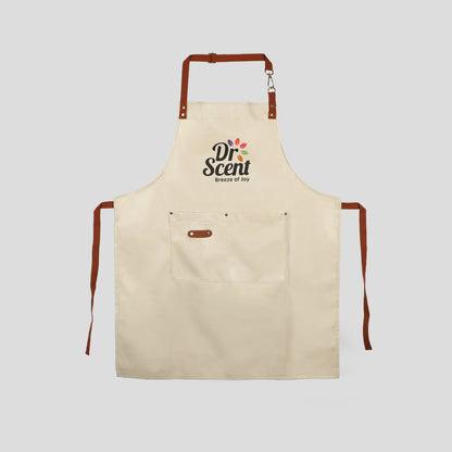 A beige kitchen apron with brown straps and pockets, featuring the 'Dr. Scent' logo on the front.