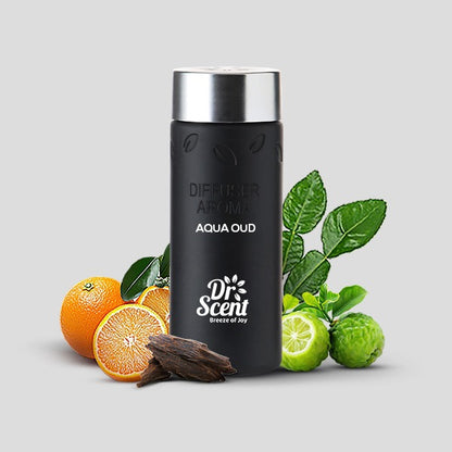 Black diffuser bottle labeled 'Dr. Scent' with fruits and leaves on a light gray background