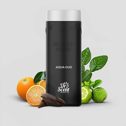 Black bottle labeled 'Dr. Scent' with oranges, lemons, and leaves on a light gray background