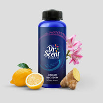 Dr. Scent Ginger Blossom diffuser aroma bottle with lemons and ginger on a gray background