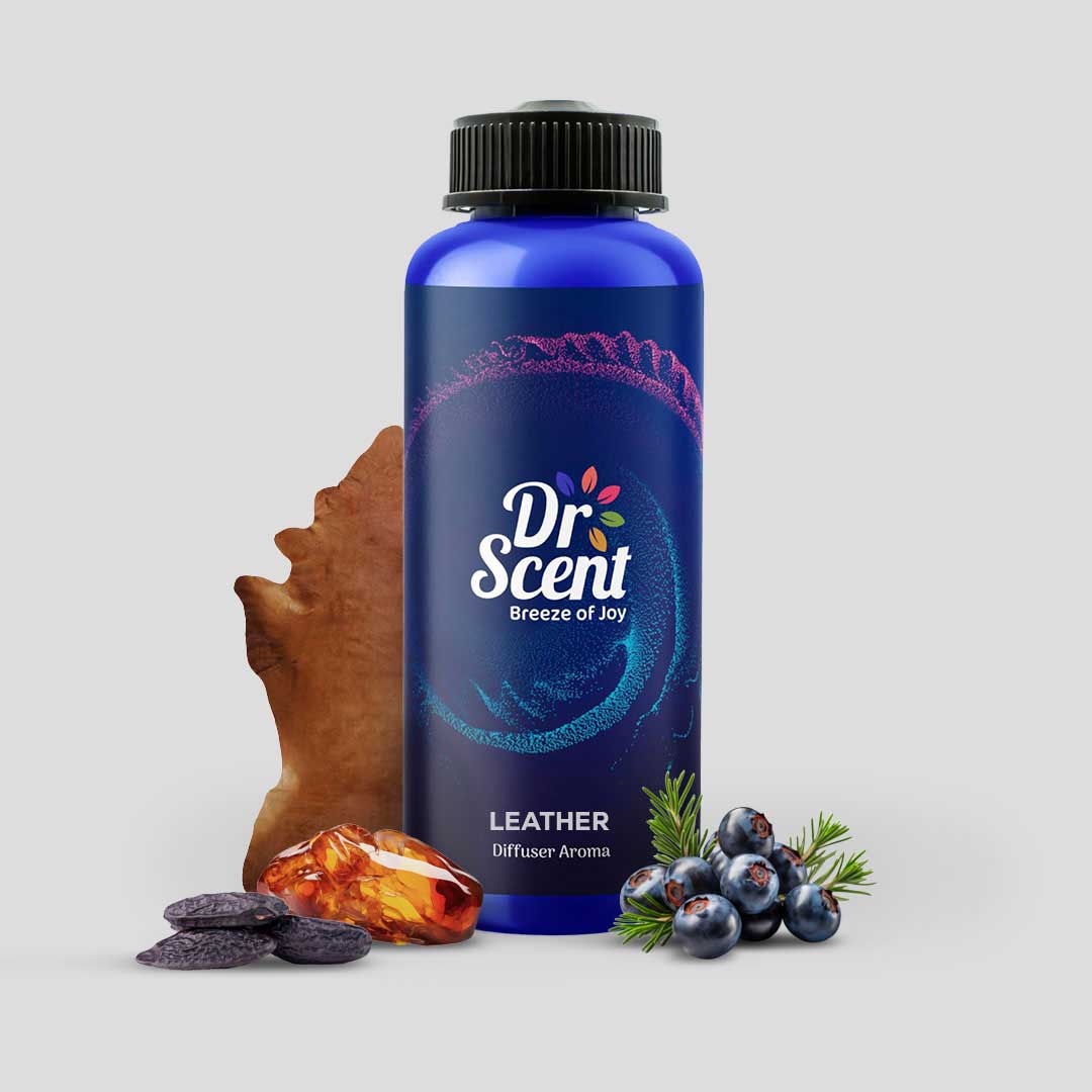 Dr. Scent Leather diffuser aroma bottle with decorative elements on a light gray background