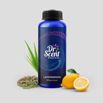 Dr. Scent Lemongrass diffuser aroma bottle with lemons and grass on a light gray background