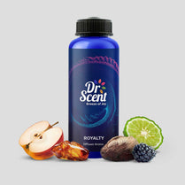 Dr. Scent Royalty diffuser aroma bottle with fruit and spice elements on a gray background
