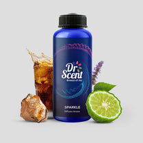 Dr. Scent bottle with natural elements on a light gray background