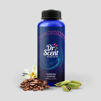 Dr. Scent Turkish Coffee diffuser aroma bottle with coffee beans and cardamom on a light gray background