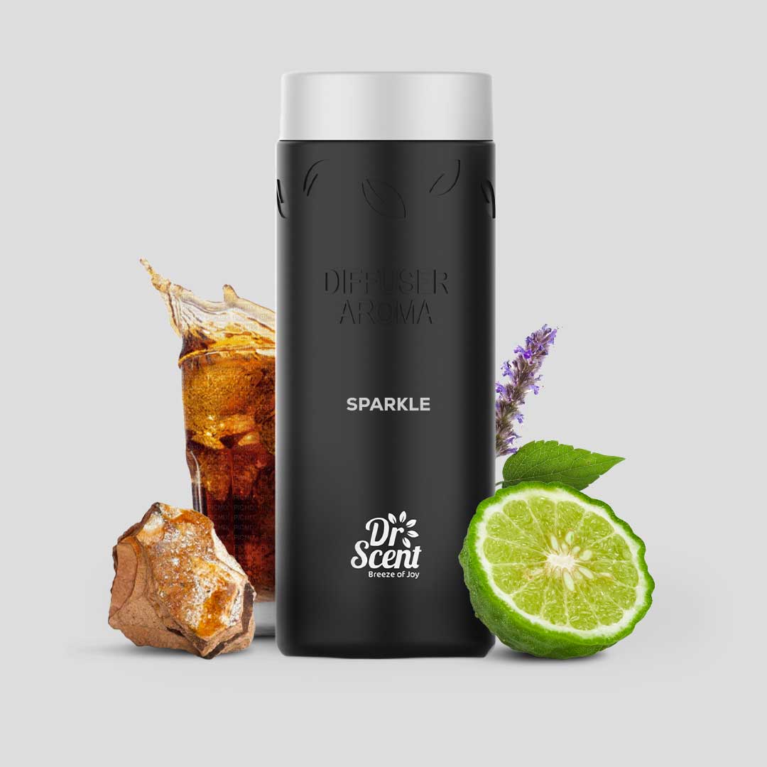Black diffuser bottle labeled 'Dr. Scent' with a glass of drink, lime, and lavender on a light gray background