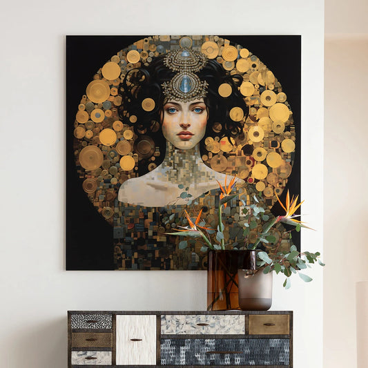 Artistic portrait of a woman with decorative elements on a wall above a cabinet.