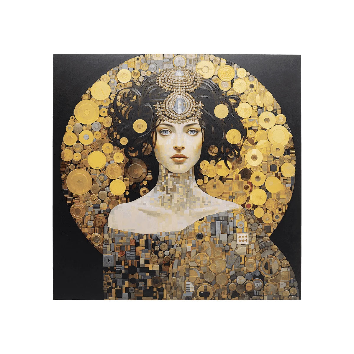 Artistic depiction of a woman's profile with decorative headpiece and mosaic-style design.