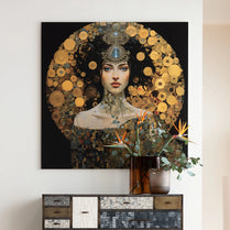 Artistic portrait of a woman with decorative elements on a wall above a cabinet.
