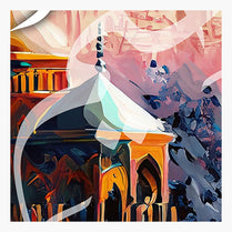 Abstract art piece with architectural elements and colorful patterns