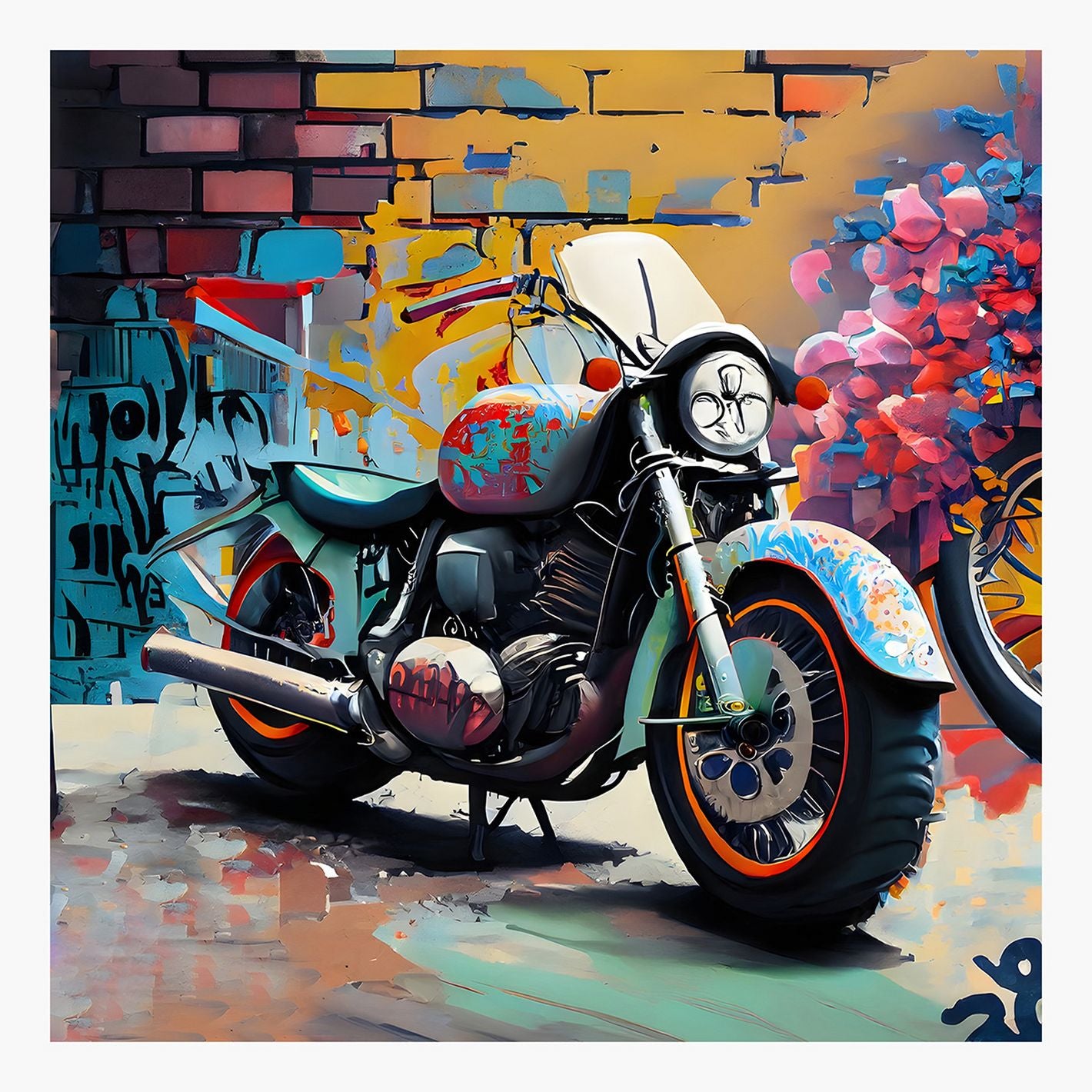 Colorful motorcycle in front of a graffiti-covered wall