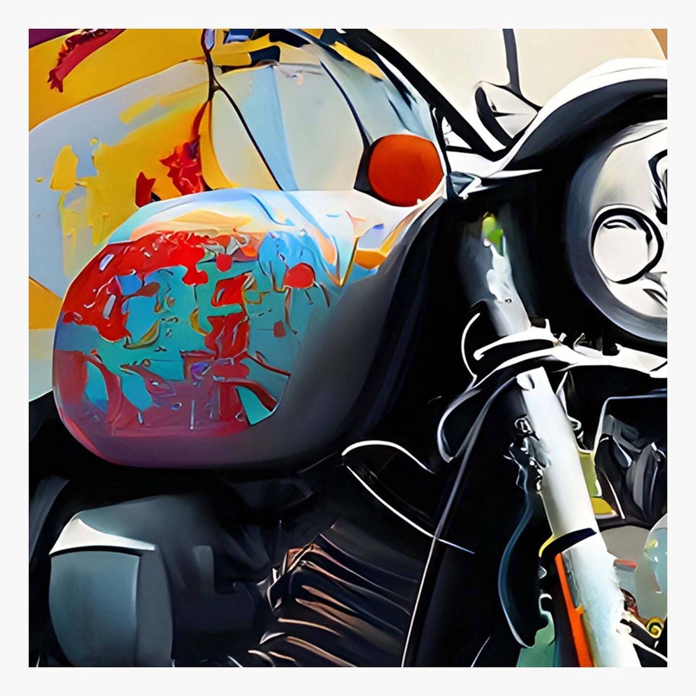Close-up of a motorcycle with a colorful helmet on a white background