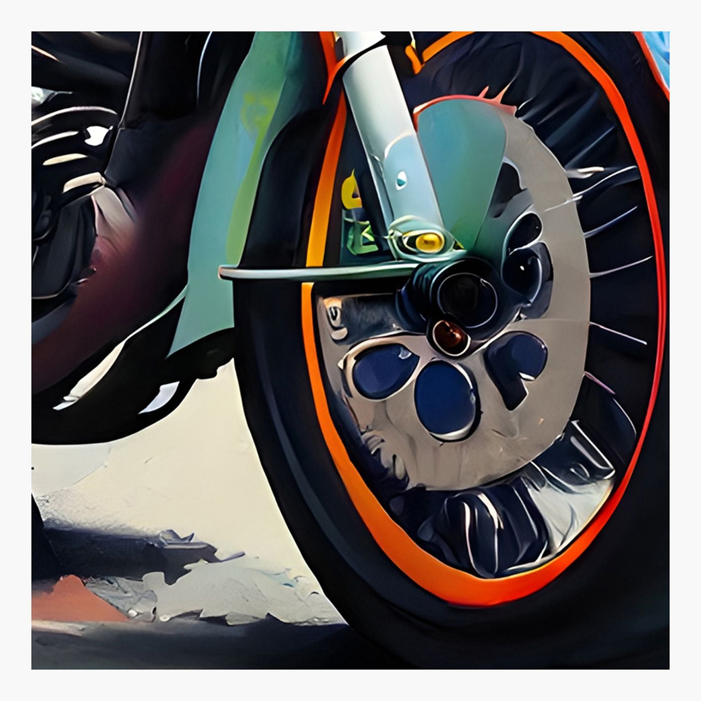 Close-up of a motorcycle wheel with orange rim and black tire