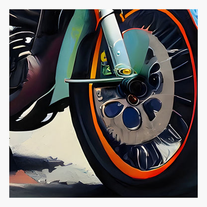Close-up of a motorcycle wheel with orange rim and black tire