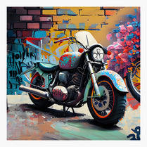 Colorful motorcycle in front of a graffiti-covered wall