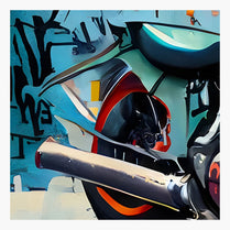 Close-up of a motorcycle with colorful design against a graffiti-covered wall.