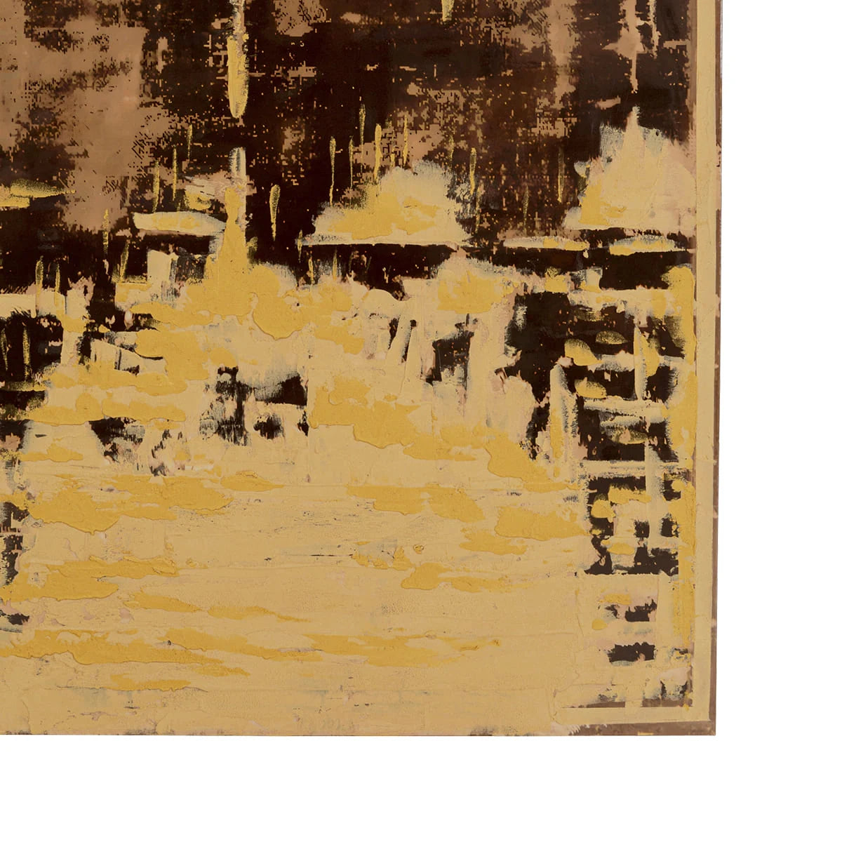 Abstract art piece with black and yellow brush strokes on a white background
