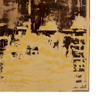 Abstract art piece with black and yellow brush strokes on a white background