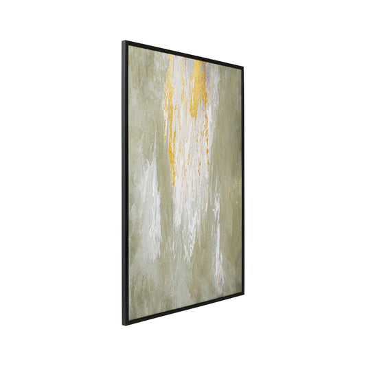 Abstract art piece with yellow and beige colors in a black frame on a white background