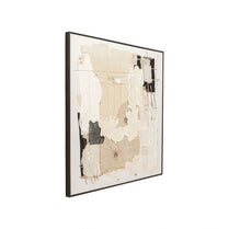 Framed abstract art piece with black, white, and beige tones on a white background