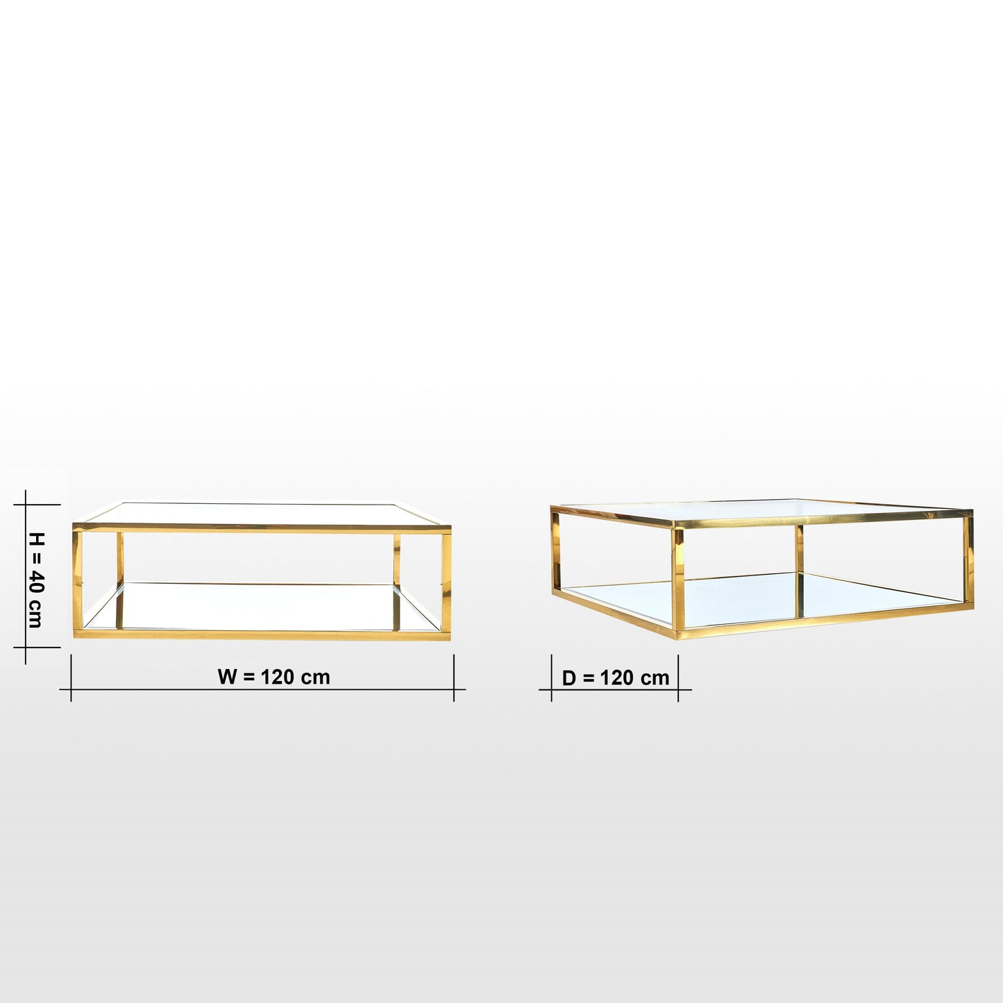 Gold rectangular coffee table with dimensions on a white background