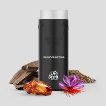 Black diffuser aroma bottle labeled 'Bakhoor Medina' by Dr. Scent with natural elements on a light gray background.