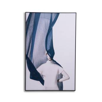 Framed artwork of a person with blue fabric draped over them on a white background