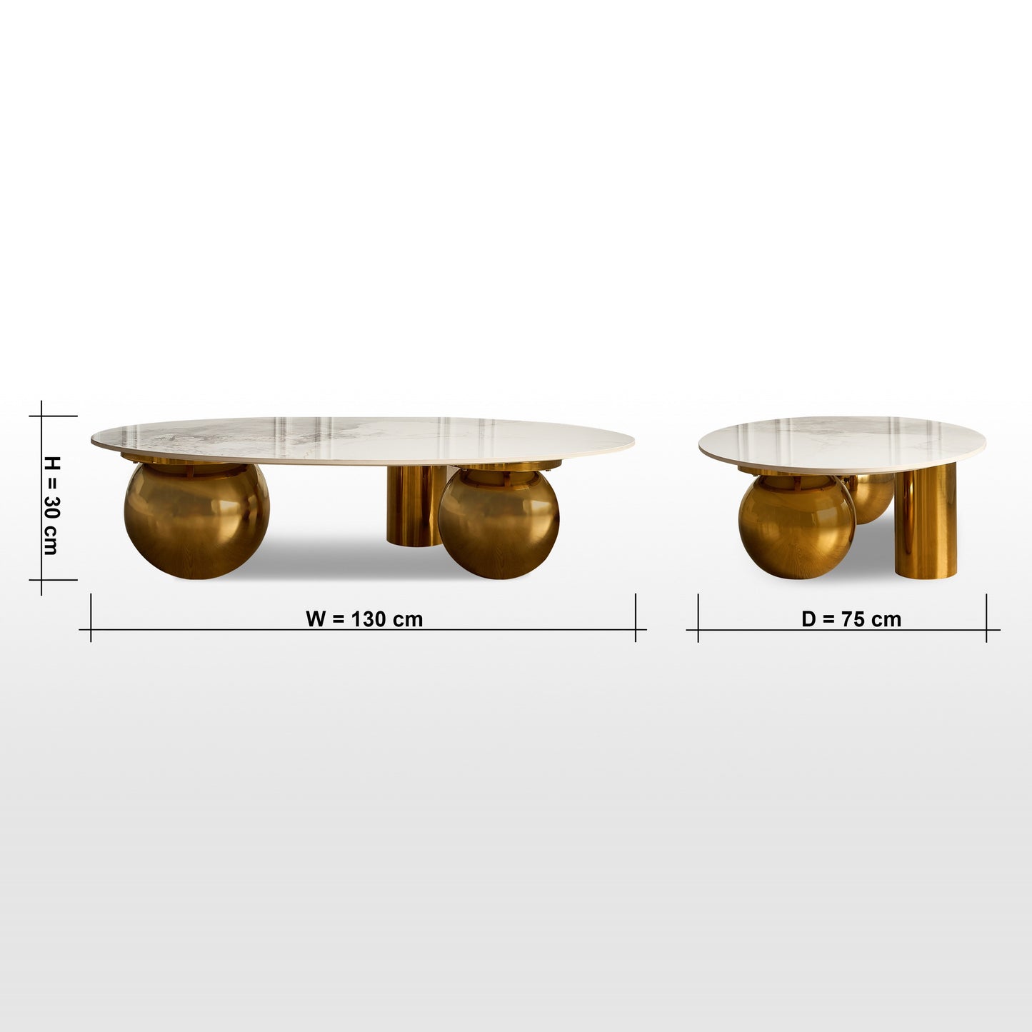 Gold coffee table with dimensions on a white background