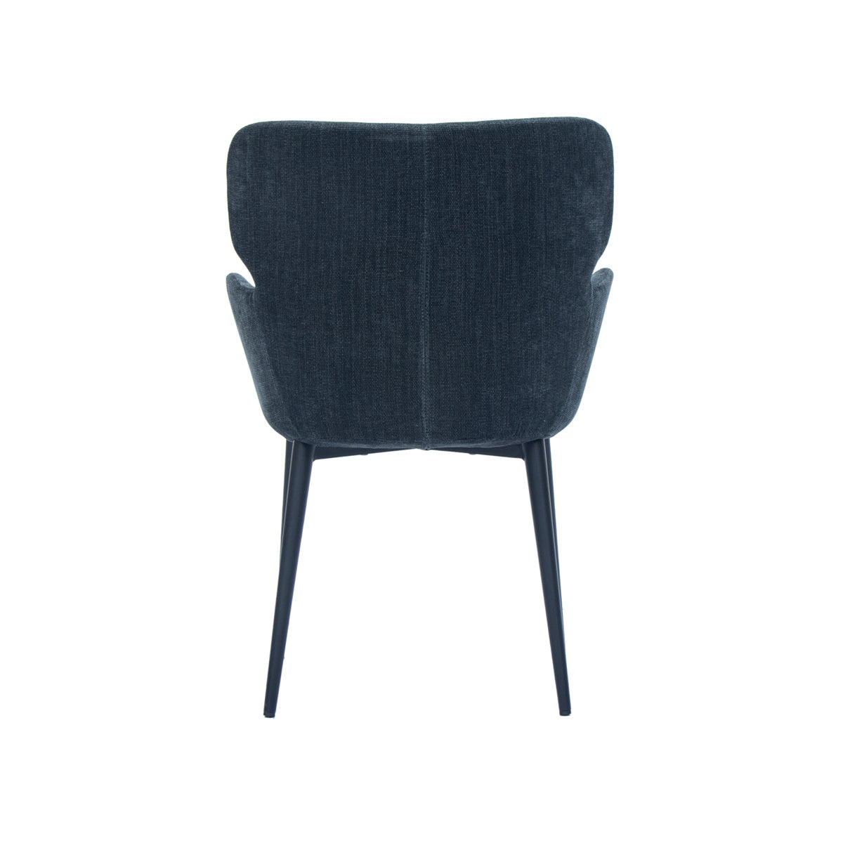 Dark gray upholstered chair with black legs on a white background