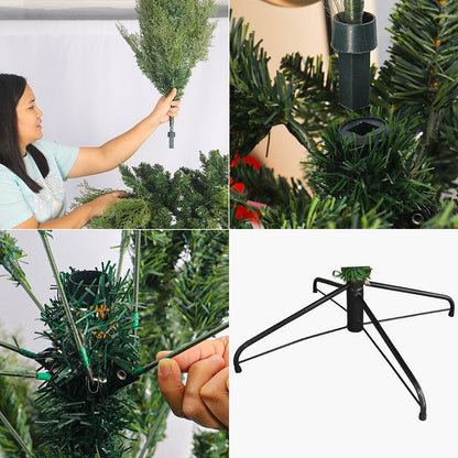 Step-by-step process of using a Christmas tree stand with a person adjusting branches and the stand itself.