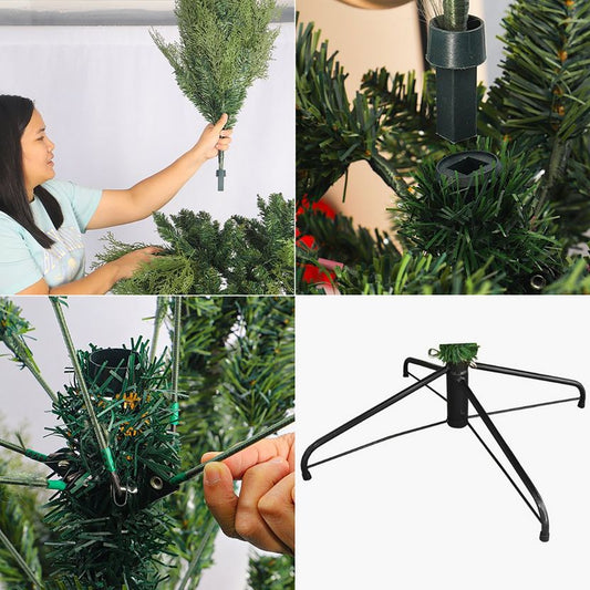 Step-by-step process of using a Christmas tree stand with a person adjusting branches and the stand itself.