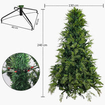 Artificial Christmas tree with dimensions and close-up details on a white background