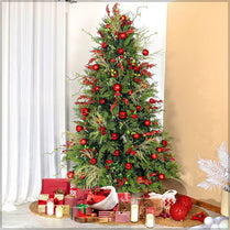 Decorated Christmas tree with red ornaments in a room setting.