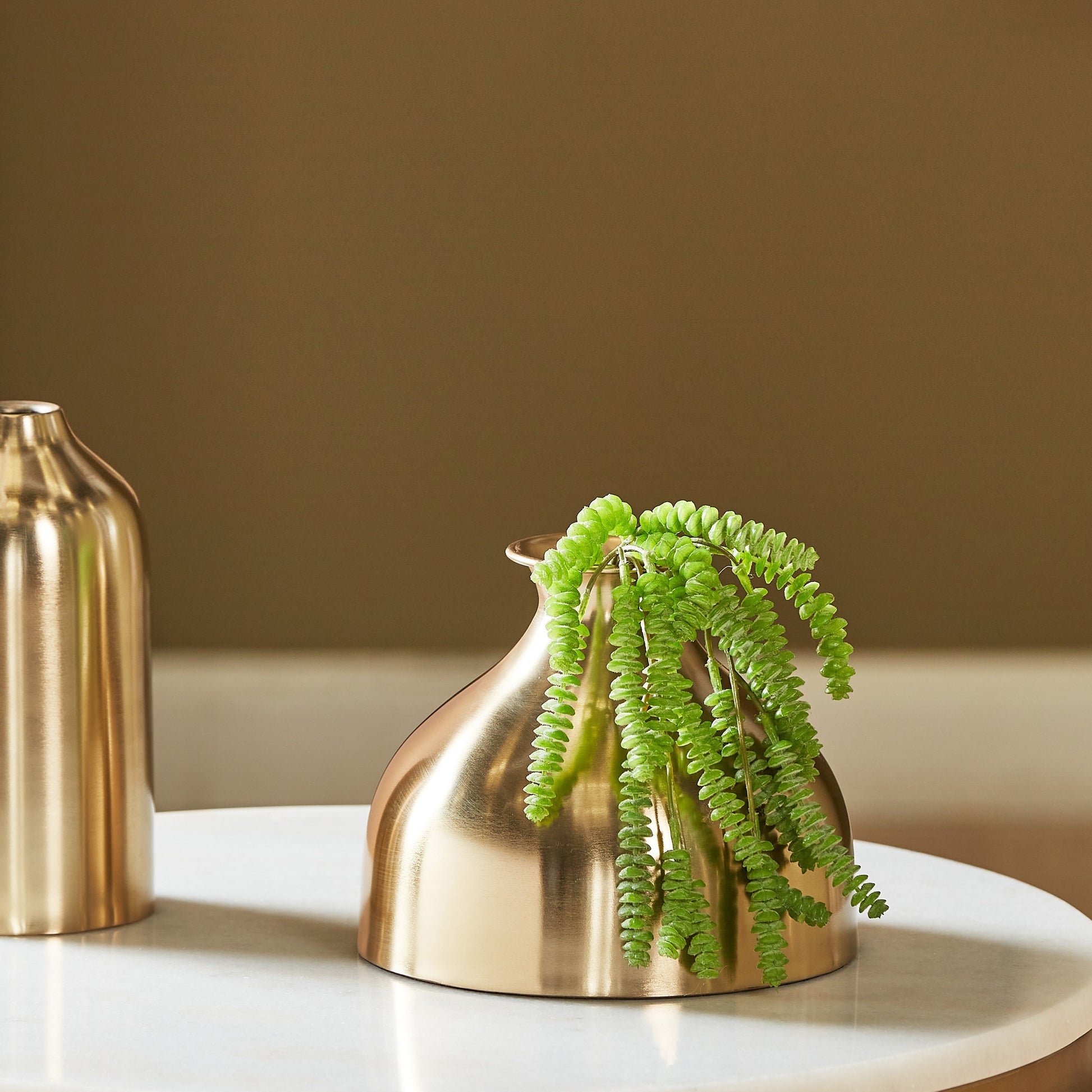 Gold decorative vase with a plant on a white surface against a brown background