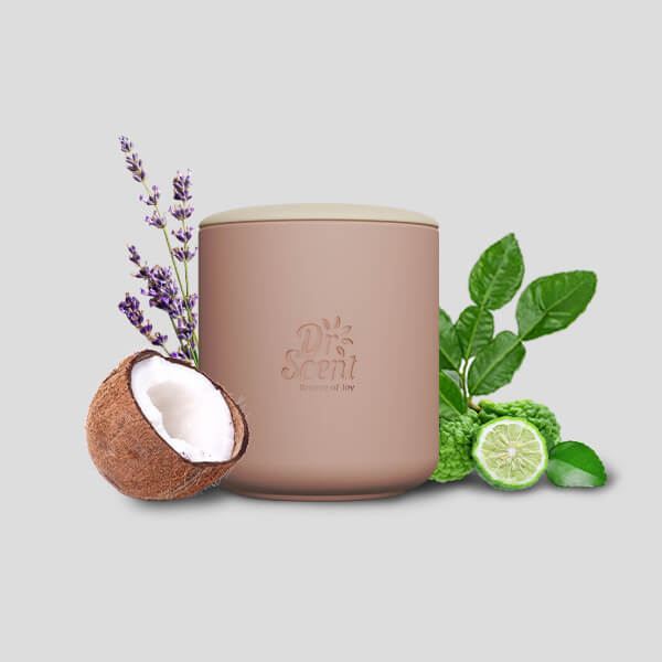 Candle with coconut, lime, and lavender on a light gray background