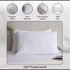 White pillow on a bed with text labels about material and care.