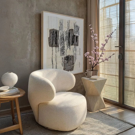 Modern living room with a white armchair, abstract art, and decorative elements.