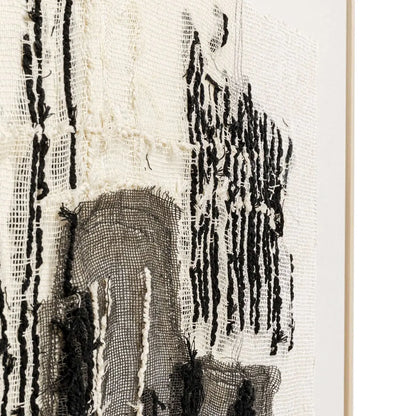 Textured black and white abstract artwork on a white background