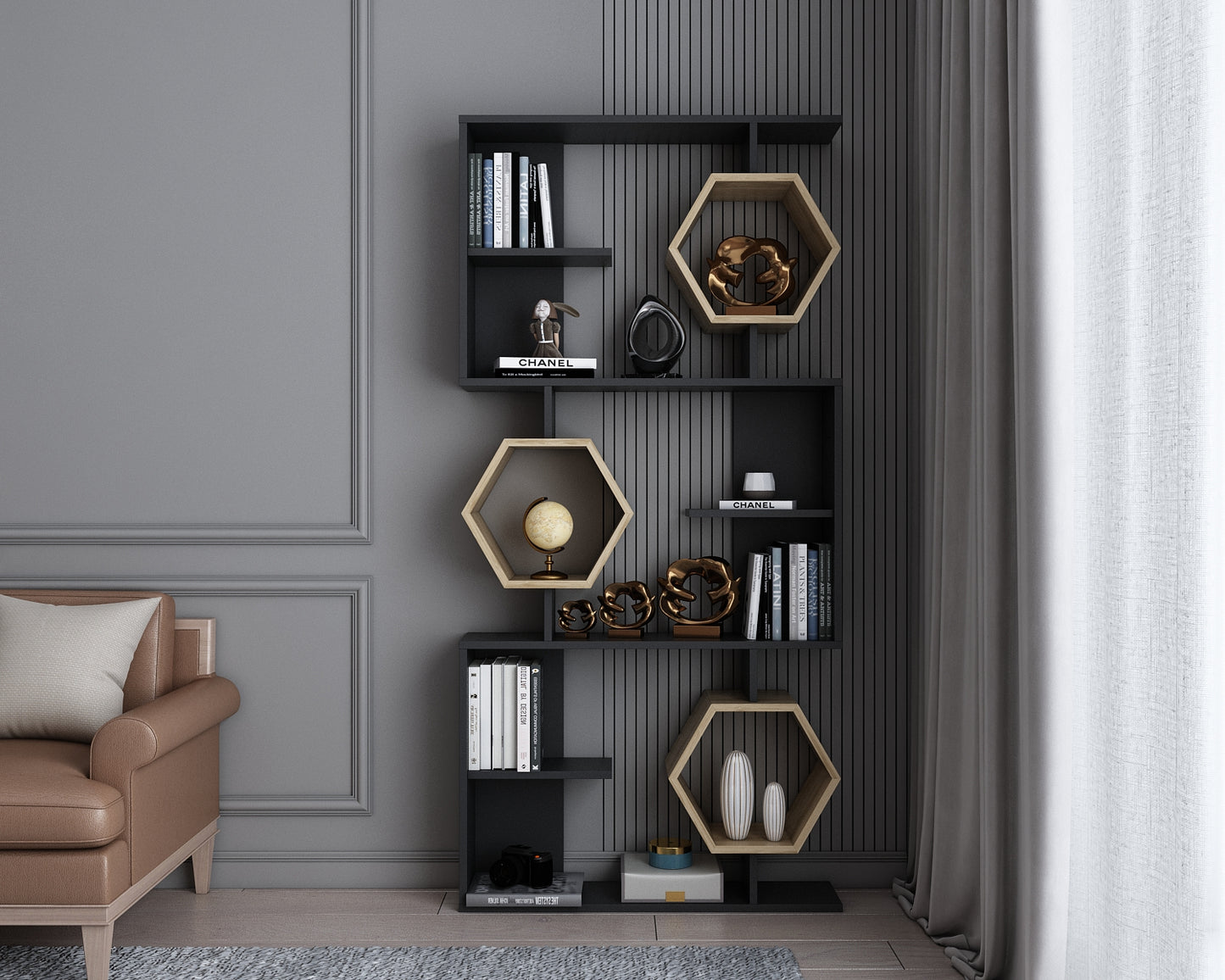 Bookshelf Darla - Black, Oak-DRLA67BC03