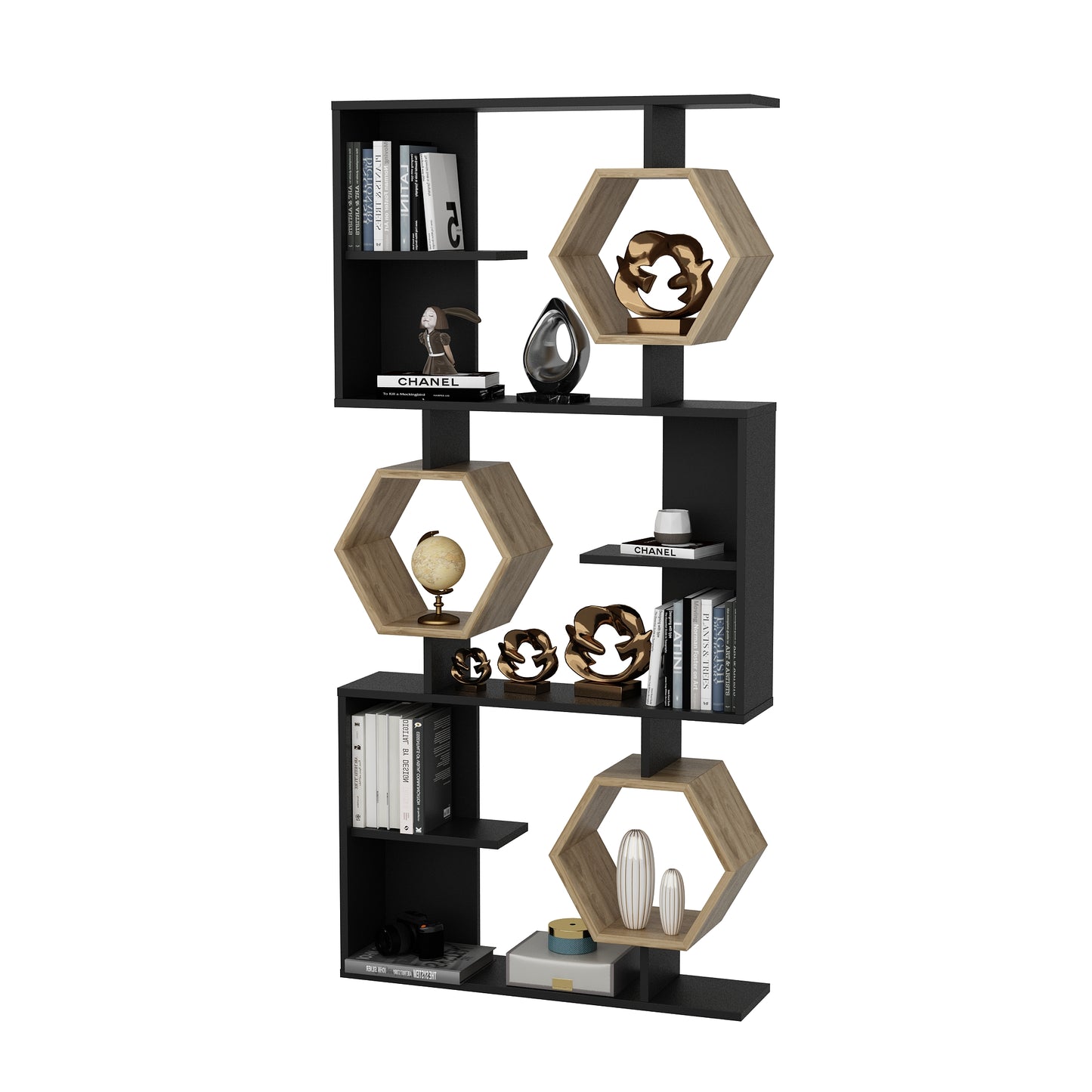 Bookshelf Darla - Black, Oak-DRLA67BC03